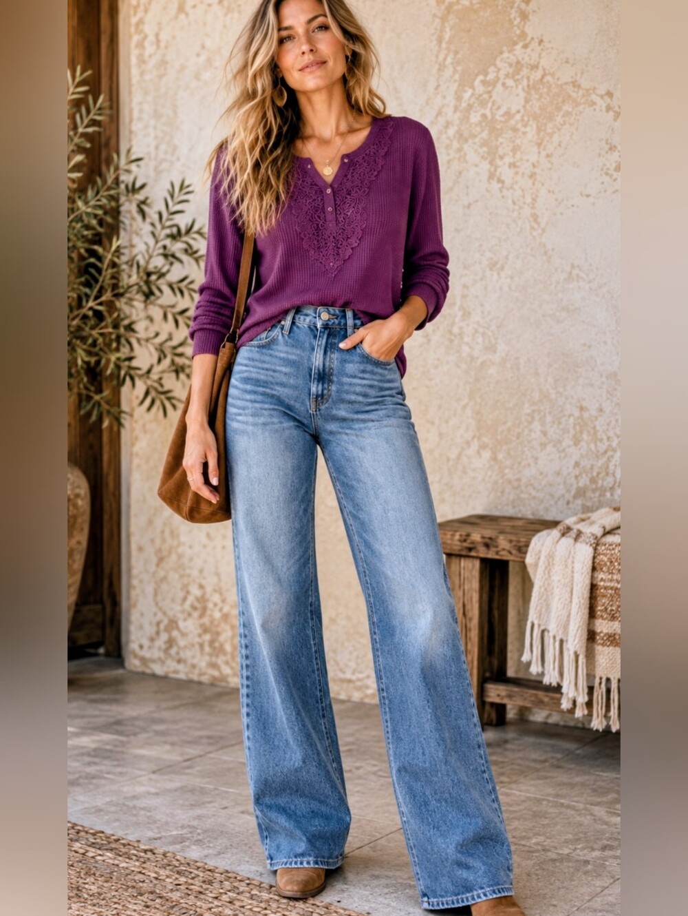 Plum Purple Waffle Knit Ribbed Lace Henley Top L Romantic Feminine Cabin Cottag